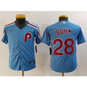 MLB Phillies 28 Alec Bohm Blue Nike Cool Base Youth Jersey