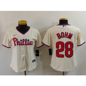 MLB Phillies 28 Alec Bohm Cream Nike Cool Base Women Jersey