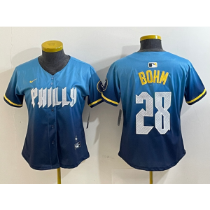 MLB Phillies 28 Bohm Blue City Connect Nike Cool Base Women Jersey