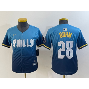 MLB Phillies 28 Bohm Blue City Connect Nike Cool Base Youth Jersey