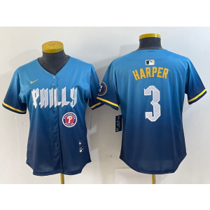 MLB Phillies 3 Bryce Harper Blue City Connect Nike Cool Base Women Jersey