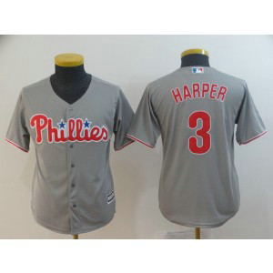 MLB Phillies 3 Bryce Harper Gray Cool Base Youth Jersey