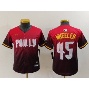 MLB Phillies 45 WHEELER Red 2024 City Connect Nike Cool Base Youth Jersey
