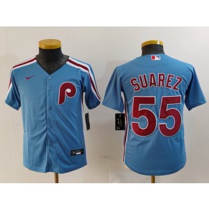 MLB Phillies 55 Suarez Blue Nike Cool Base Youth Jersey