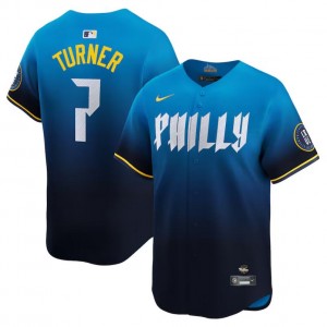 MLB Phillies 7 Trea Turner Blue 2024 City Connect Nike Cool Base Men Jersey