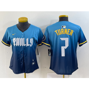 MLB Phillies 7 Trea Turner Blue City Connect Nike Cool Base Women Jersey