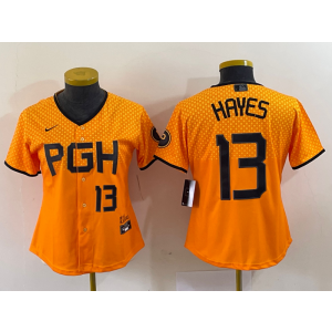 MLB Pirates 13 Ke'Bryan Hayes Gold 2023 City Connect Nike Cool Base Youth Jersey