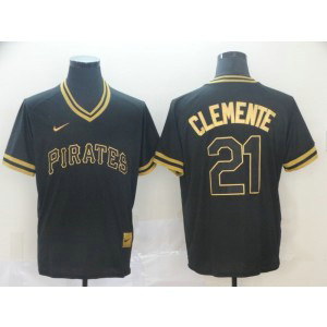 MLB Pirates 21 Roberto Clemente Black Gold Nike Cooperstown Legend V Neck Men Jersey