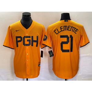 MLB Pirates 21 Roberto Clemente Gold 2023 City Connect Nike Cool Base Men Jersey