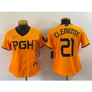 MLB Pirates 21 Roberto Clemente Gold 2023 City Connect Nike Cool Base Women Jersey