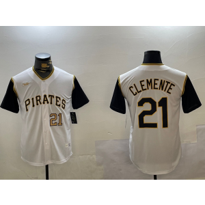 MLB Pirates 21 Roberto Clemente White Gold Nike Cool Base Men Jersey