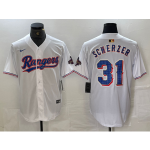 MLB Rangers 31 Max Scherzer White Champion Nike Cool Base Men Jersey