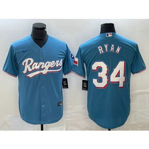 MLB Rangers 34 Nolan Ryan Light Blue Nike Cool Base Men Jersey