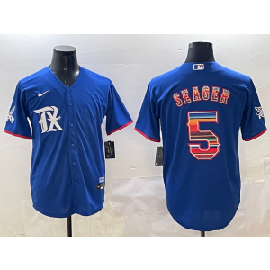 MLB Rangers 5 Seager Blue Rainbow Nike Cool Base Men Jersey
