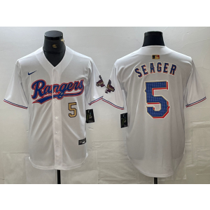 MLB Rangers 5 Seager White Gold Champion Nike Cool Base Men Jersey