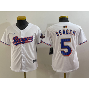 MLB Rangers 5 Seager White Gold Champion Nike Cool Base Youth Jersey