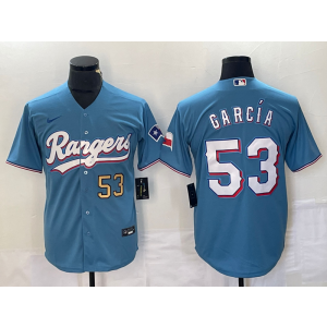 MLB Rangers 53 Adolis García Light Blue Gold Nike Cool Base Men Jersey