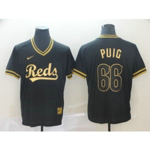 MLB Reds 66 Yasiel Puig Black Gold Nike Cooperstown Legend V Neck Men Jersey