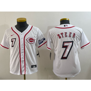 MLB Reds 7 Steer White 2025 Speedway Classic Nike Cool Base Youth Jersey 1