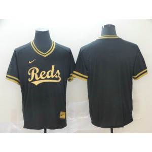 MLB Reds Blank Black Gold Nike Cooperstown Legend V Neck Men Jersey