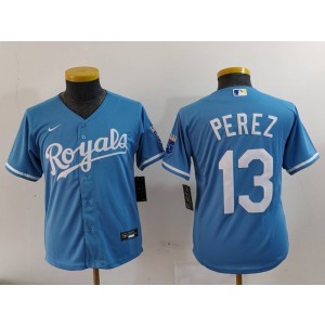 MLB Royals 13 Salvador Perez Blue Nike Cool Base Youth Jersey