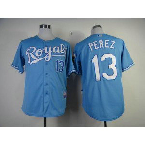 MLB Royals 13 Salvador Perez Light Blue Base Men Jersey