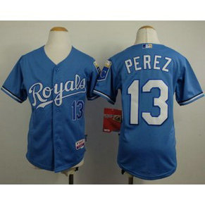 MLB Royals 13 Salvador Perez Light Blue Cool Base Alternate 1 Youth Jersey