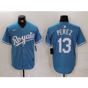 MLB Royals 13 Salvador Perez Light Blue Nike Cool Base Men Jersey