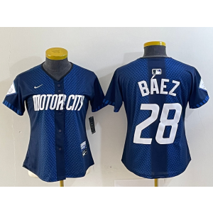 MLB Tigers 28 Baez Blue 2024 City Connect Nike Cool Base Women Jersey