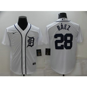 MLB Tigers 28 Baez White Nike Cool Base Men Jersey