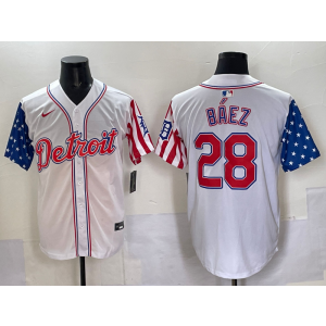MLB Tigers 28 Baez White USA Flag Nike Cool Base Men Jersey