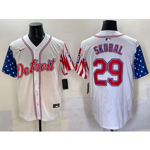 MLB Tigers 29 Skubal White USA Flag Nike Cool Base Men Jersey