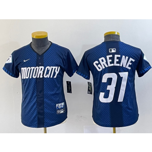 MLB Tigers 31 Greene Blue 2024 City Connect Nike Cool Base Youth Jersey