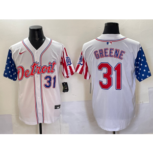 MLB Tigers 31 Greene White USA Flag Nike Cool Base Men Jersey
