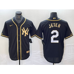 MLB Yankees 2 Derek Jeter Black Gold Nike Cool Base Men Jersey