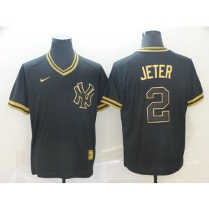MLB Yankees 2 Derek Jeter Black Gold Nike Cooperstown Legend V Neck Men Jersey