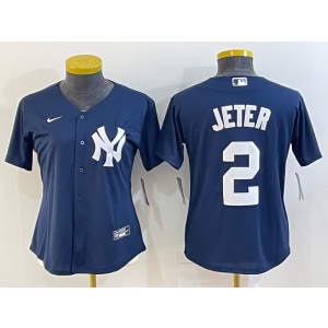 MLB Yankees 2 Derek Jeter Navy Nike Cool Base Women Jersey