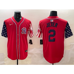MLB Yankees 2 Derek Jeter Red USA Flag Nike Cool Base Men Jersey
