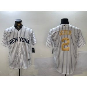 MLB Yankees 2 Derek Jeter White Gold Number Nike Cool Base Men Jersey