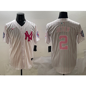 MLB Yankees 2 Derek Jeter White Pink Nike Cool Base Men Jersey