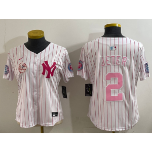 MLB Yankees 2 Derek Jeter White Pink Nike Cool Base Women Jersey