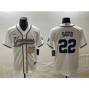 MLB Yankees 22 Soto White Gold Baseball Nike Cool Base Men Jersey