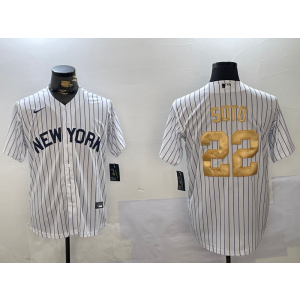 MLB Yankees 22 Soto White Gold Number Nike Cool Base Men Jersey