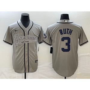 MLB Yankees 3 Babe Ruth Grey Baseball Nike Cool Base Men Jersey