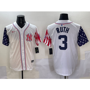 MLB Yankees 3 Babe Ruth White USA Flag Nike Cool Base Men Jersey