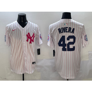 MLB Yankees 42 Mariano Rivera White Pink Nike Cool Base Men Jersey