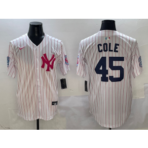 MLB Yankees 45 Gerrit Cole White Pink Nike Cool Base Men Jersey