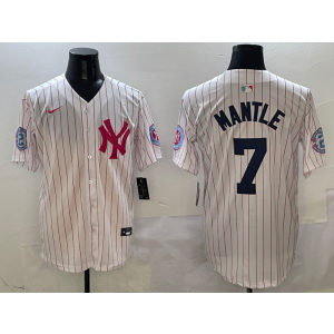 MLB Yankees 7 Mickey Mantle White Pink Nike Cool Base Men Jersey