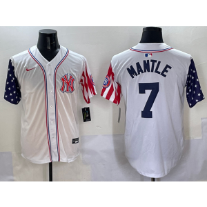 MLB Yankees 7 Mickey Mantle White USA Flag Nike Cool Base Men Jersey