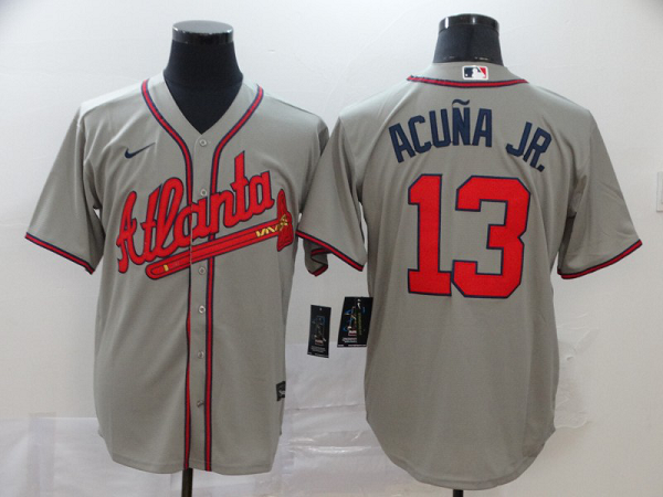 Men's Atlanta Braves #13 Ronald Acuna Jr. Gray Stitched MLB Cool Base Nike Jersey